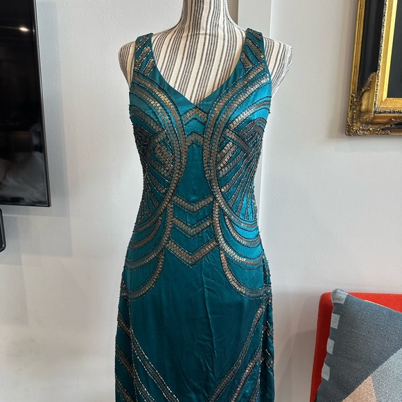 Sue Wong Teal & Gold Beaded Silk Mini Dress | Size 6 - Picture 1 of 10